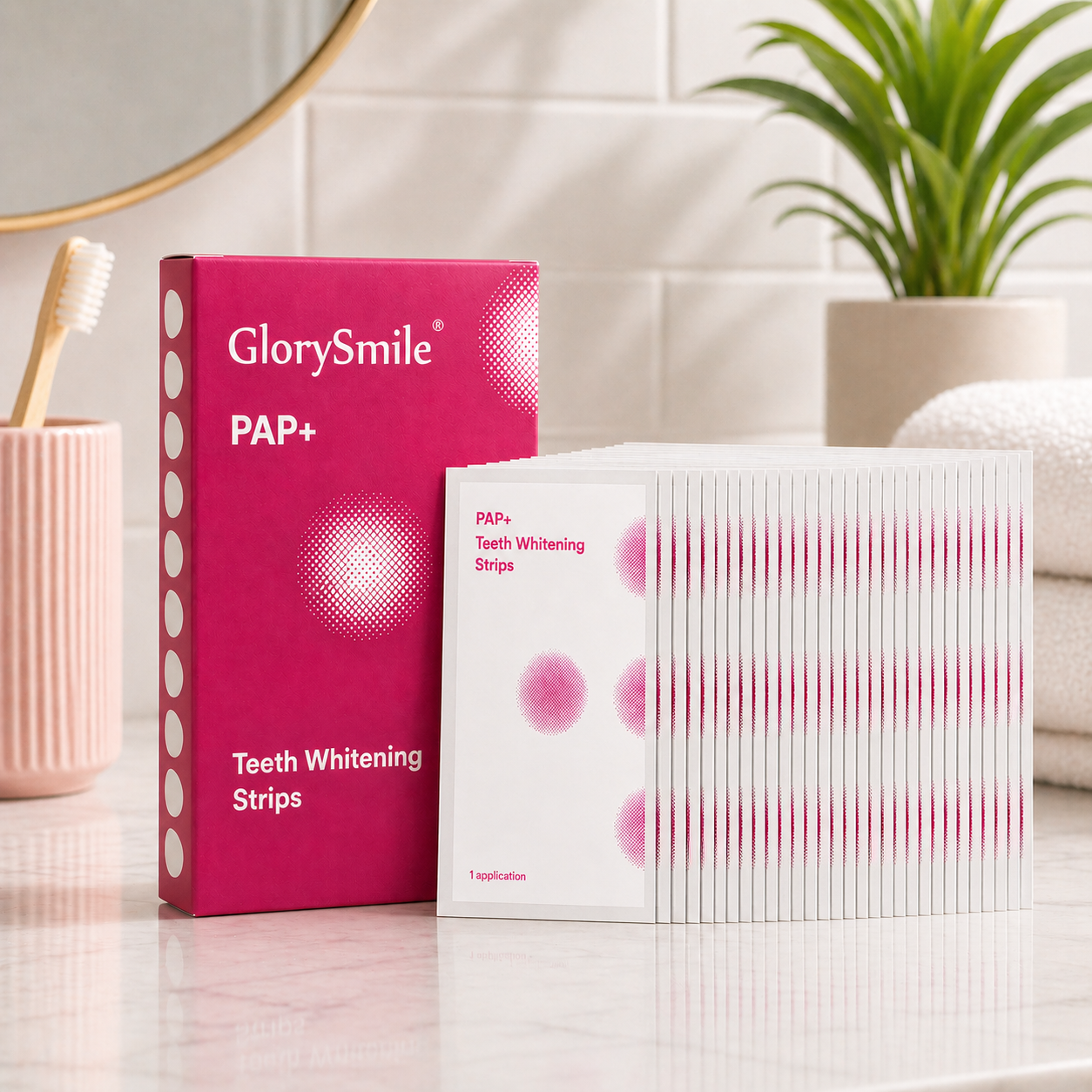 Teeth whitening strips kit displayed on a marble bathroom counter with a pink PAP+ box and 14 individually wrapped strips neatly arranged in overlapping rows, styled in a clean, modern setting with soft natural light.