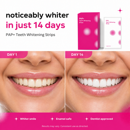 Before and after smile comparison showing teeth whitening results from day 1 to day 14 using PAP+ whitening strips, with visibly brighter, whiter teeth and product packaging displayed above in a clean pink and white design.
