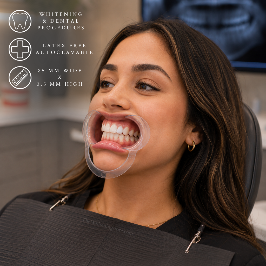 Latina woman seated in a modern dental treatment chair wearing a clear plastic cheek retractor for improved visibility during professional teeth whitening and dental procedures. Image includes product features highlighting latex-free, autoclavable construction and dimensions of 8.5 cm wide by 3.5 cm high.
