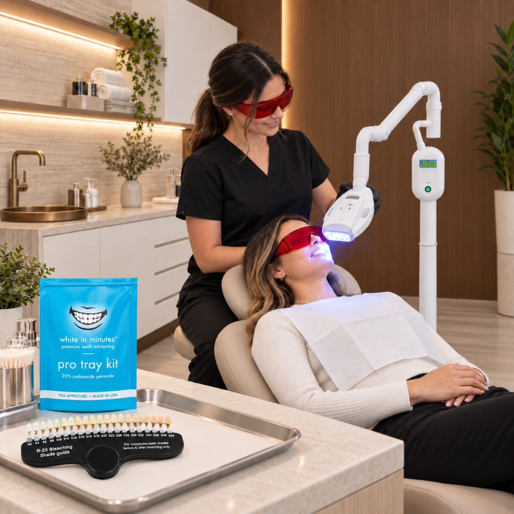 Professional teeth whitening treatment using a White in Minutes Pro40 LED whitening lamp, with provider and client wearing protective red eyewear, Pro Tray Kit and R-20 shade guide visible.