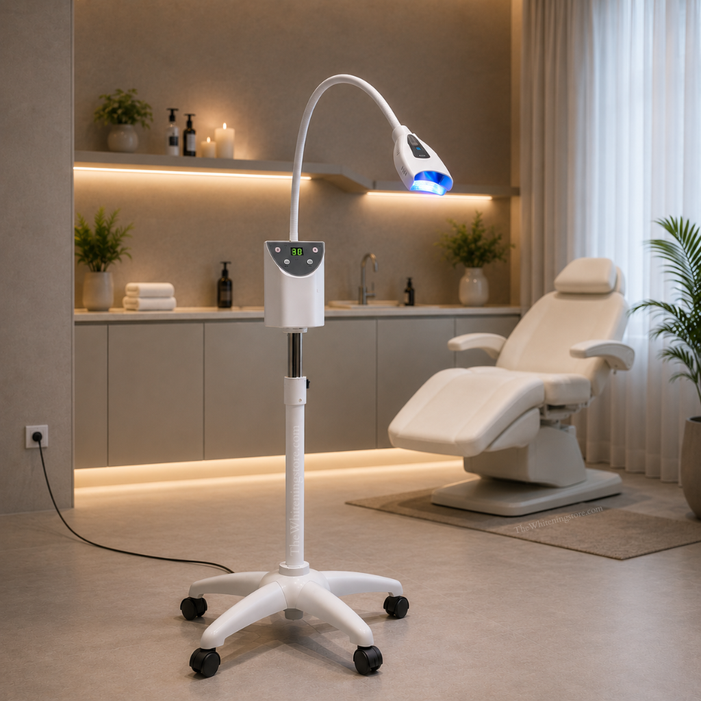 White in Minutes Pro20 LED teeth whitening lamp shown in a professional treatment room, designed for professional teeth whitening services with blue LED light technology.