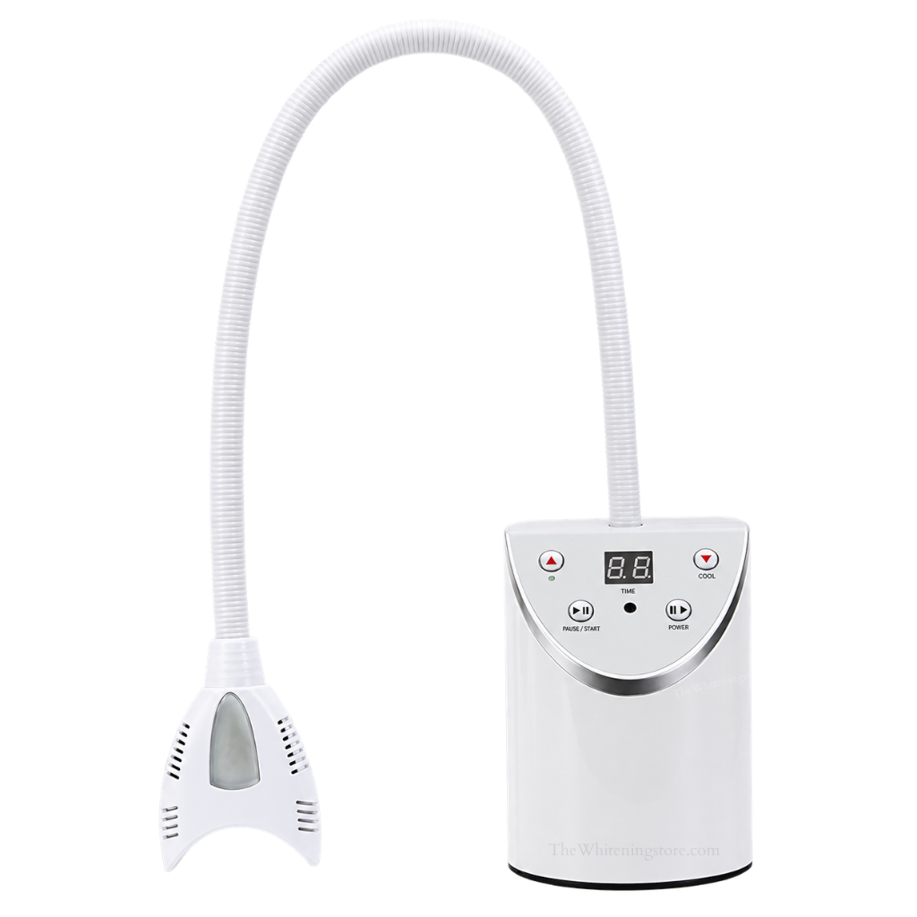 White Pro20 professional teeth whitening LED lamp with a compact control base, digital timer display, pause/start and power buttons, long flexible ribbed gooseneck arm, and vented lamp head on a white background.