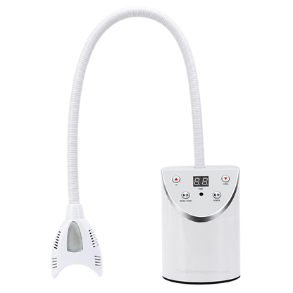 White Pro20 professional teeth whitening LED lamp with a compact control base, digital timer display, pause/start and power buttons, long flexible ribbed gooseneck arm, and vented lamp head on a white background.