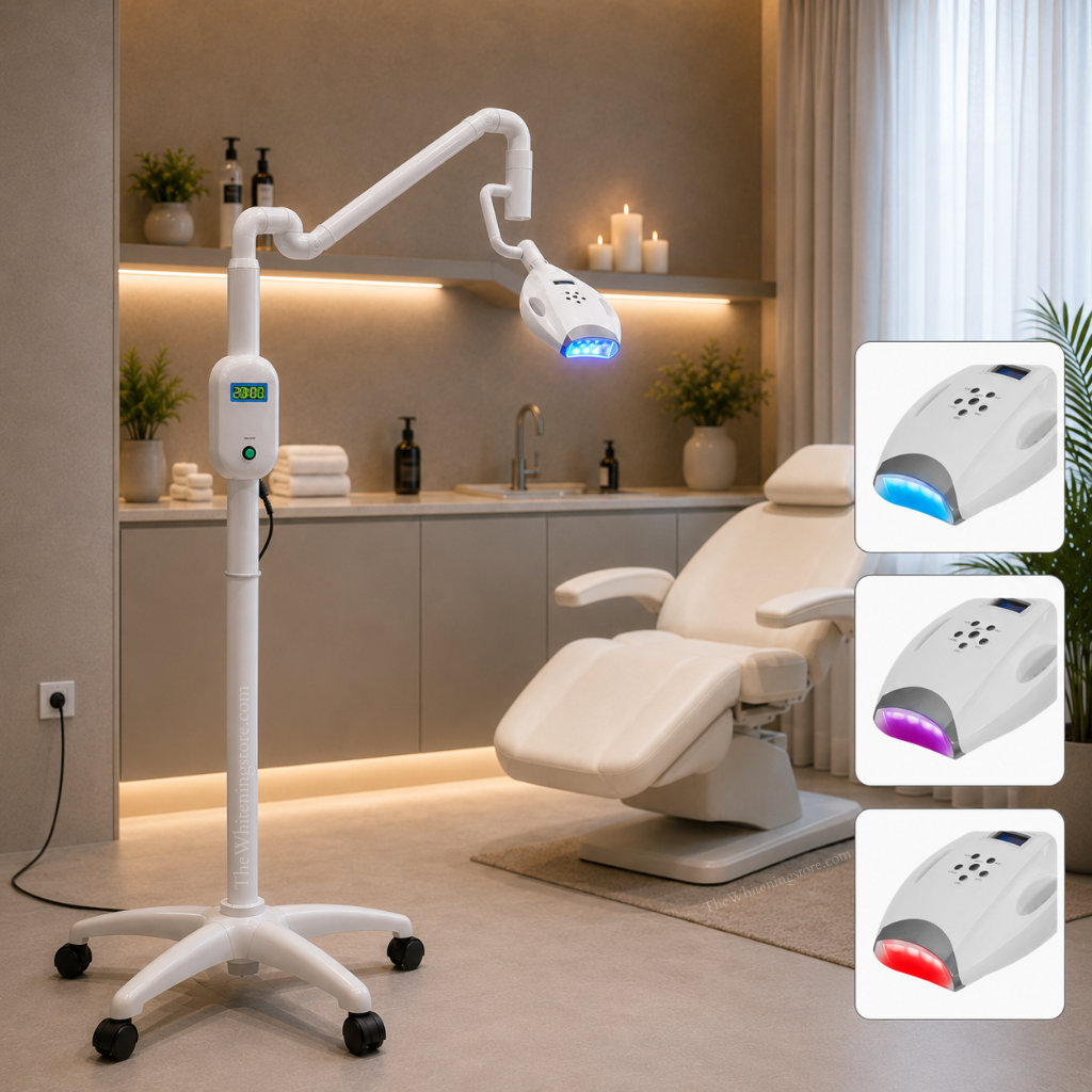 White in Minutes® Pro40 LED teeth whitening lamp with blue, red, and purple light modes in a professional aesthetic treatment room.