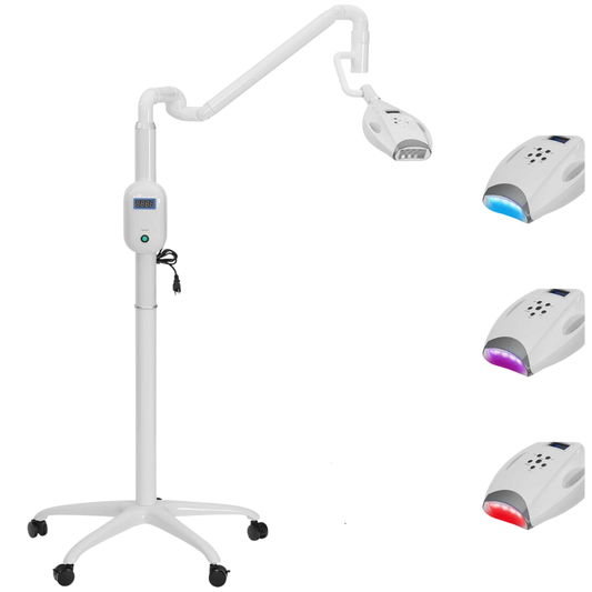 Pro40 teeth whitening lamo lamp with adjustable arm and button controls and display of blue, purple, and red LEDs on a white background.