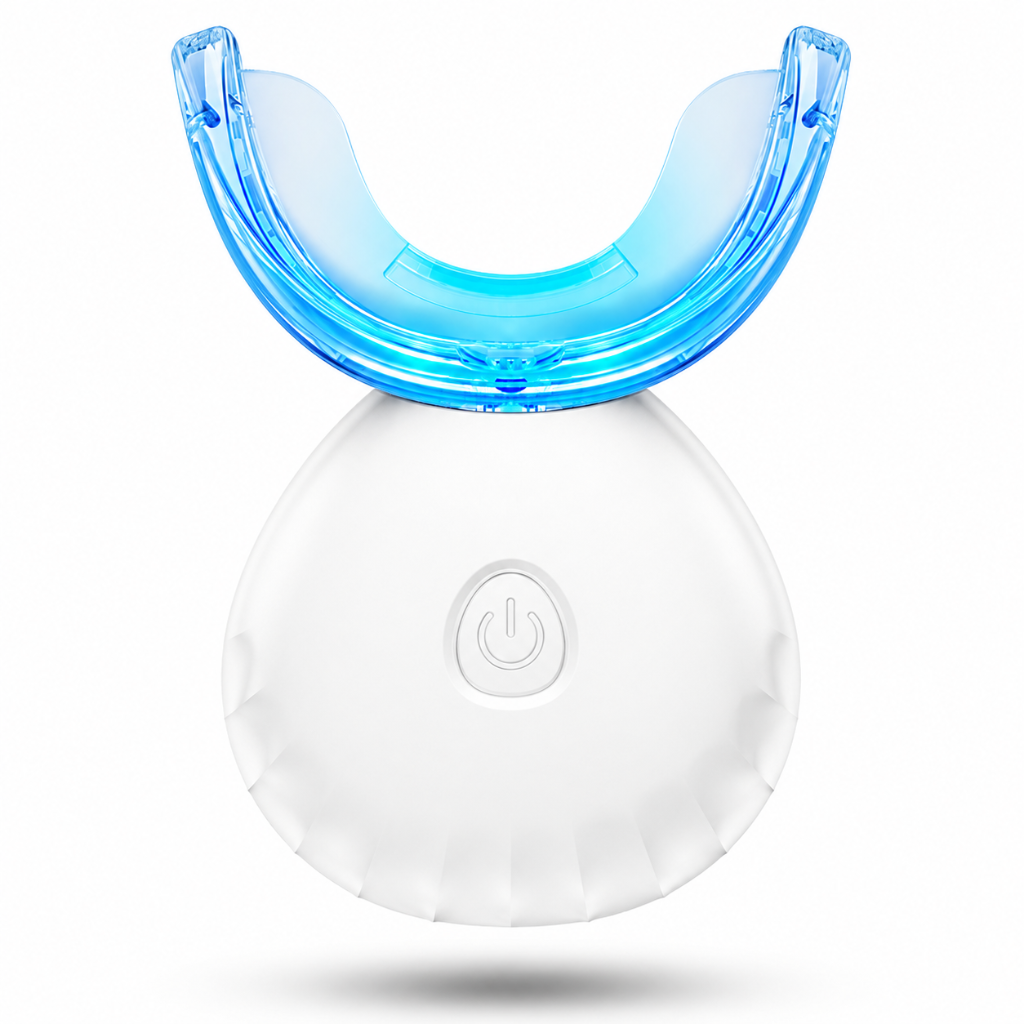 Rechargeable white LED teeth whitening tray with blue LED light technology, waterproof design, magnetic charging, and built-in timer for professional-style at-home teeth whitening.
