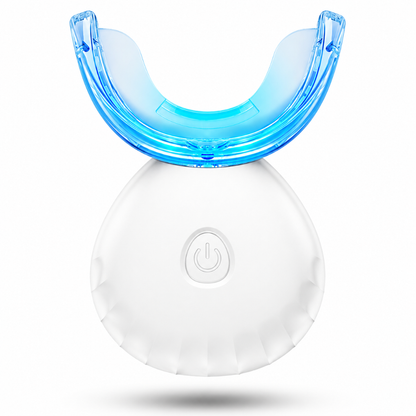 Rechargeable white LED teeth whitening tray with blue LED light technology, waterproof design, magnetic charging, and built-in timer for professional-style at-home teeth whitening.