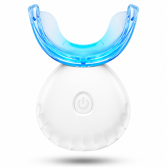 Rechargeable white LED teeth whitening tray with blue LED light technology, waterproof design, magnetic charging, and built-in timer for professional-style at-home teeth whitening.