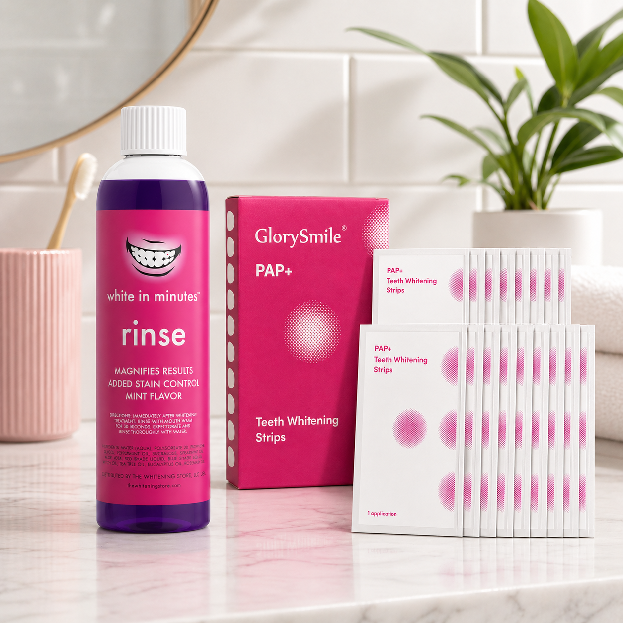 White in Minutes purple whitening mouthwash bottle and PAP+ teeth whitening strips kit displayed on a clean marble bathroom counter with soft natural lighting, featuring a modern, approachable at-home teeth whitening setup.