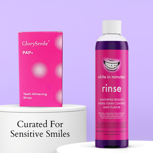 GlorySmile tooth whitening strips packaging and White in Minutes whitening rinse bottle on a purple background