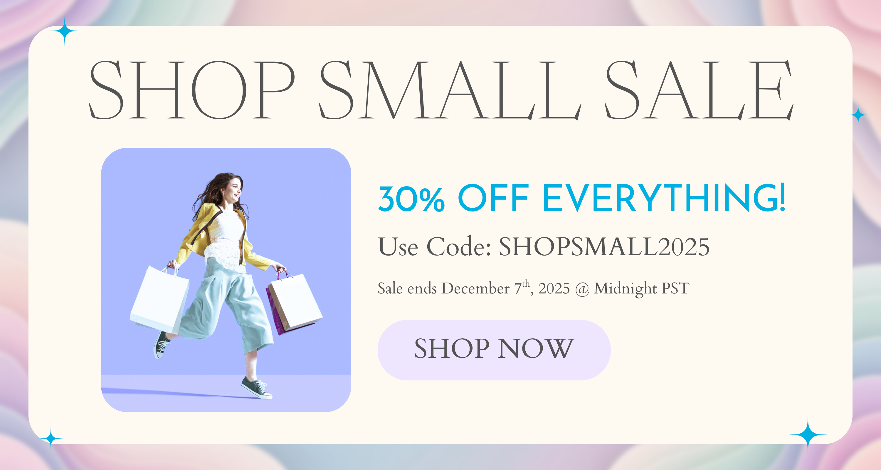 Promotional banner for The Whitening Store's seasonal 'Shop Small Sale' with a woman carrying shopping bags on a colorful background.