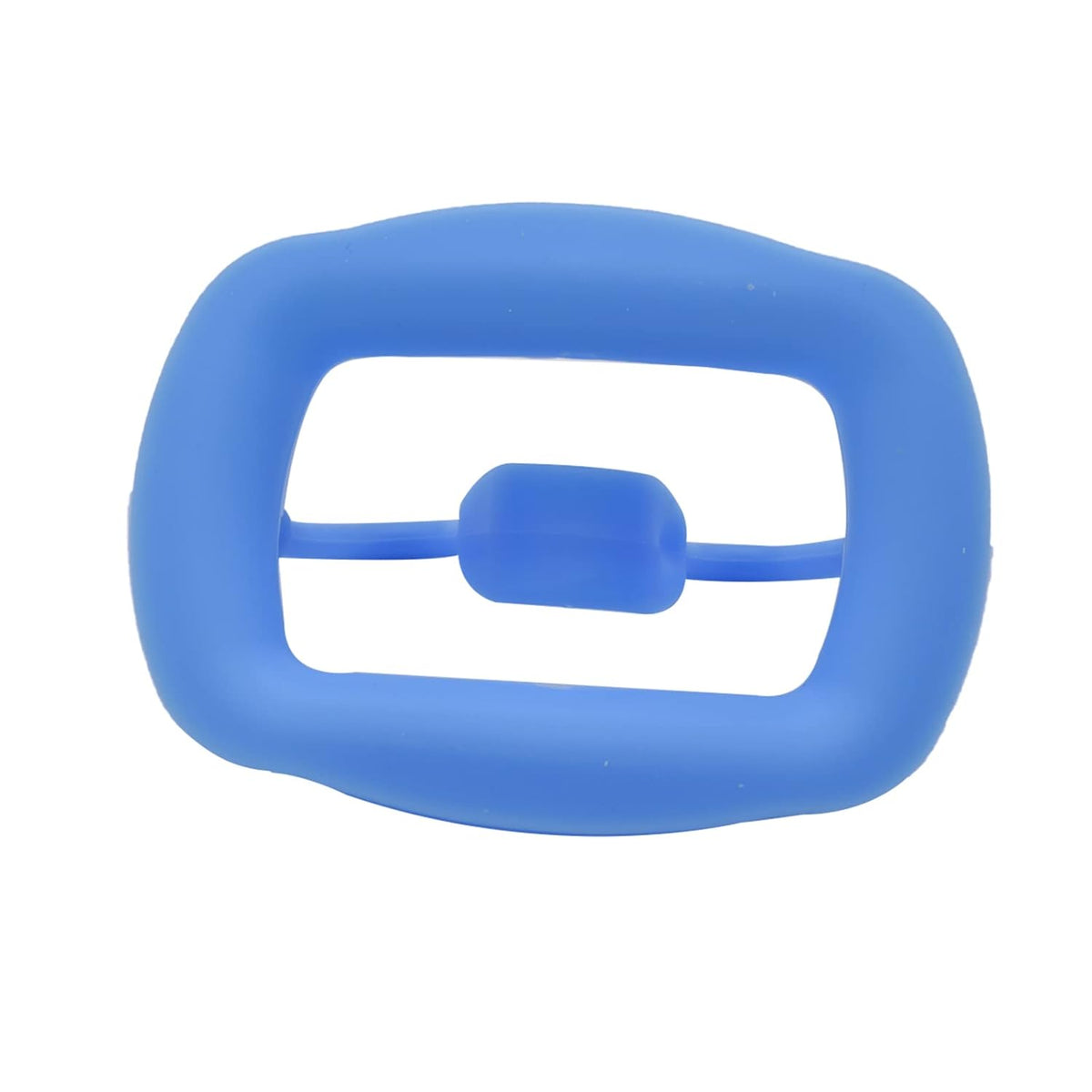 Front view of a blue silicone cheek retractor with a central tongue guard, designed to hold the lips and cheeks away from the teeth during professional teeth whitening treatments.