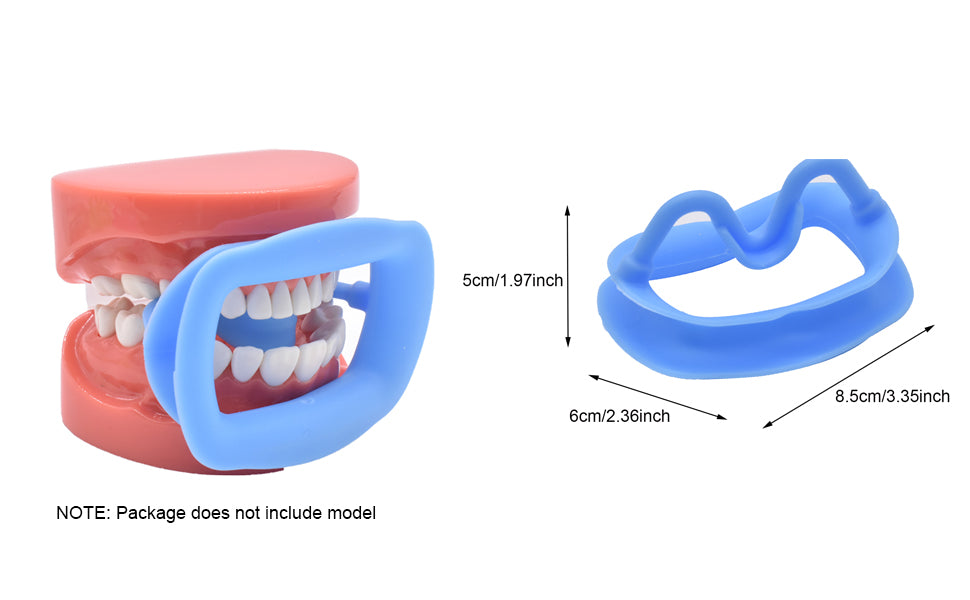 Blue medium silicon cheek retractor in mouth and with measurements