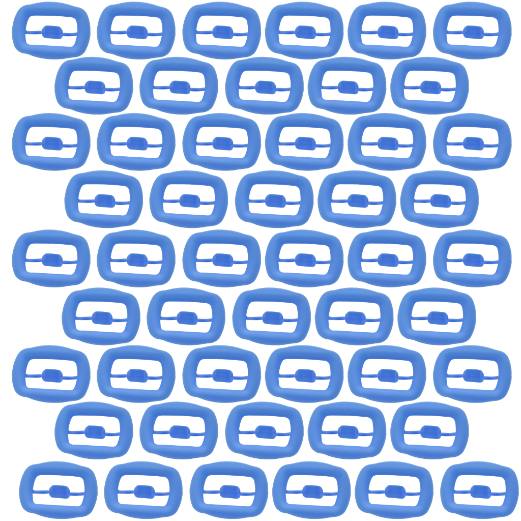 Fifty blue silicone cheek retractors arranged on a white background. The flexible mouth retractors are designed to hold the lips and cheeks away from the teeth during professional teeth whitening treatments.