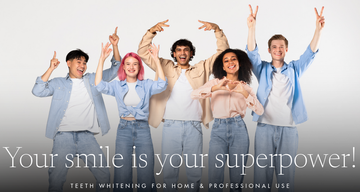 Five diverse smiling adults celebrating together against a light background with the text “Your smile is your superpower! Teeth whitening for home & professional use.”