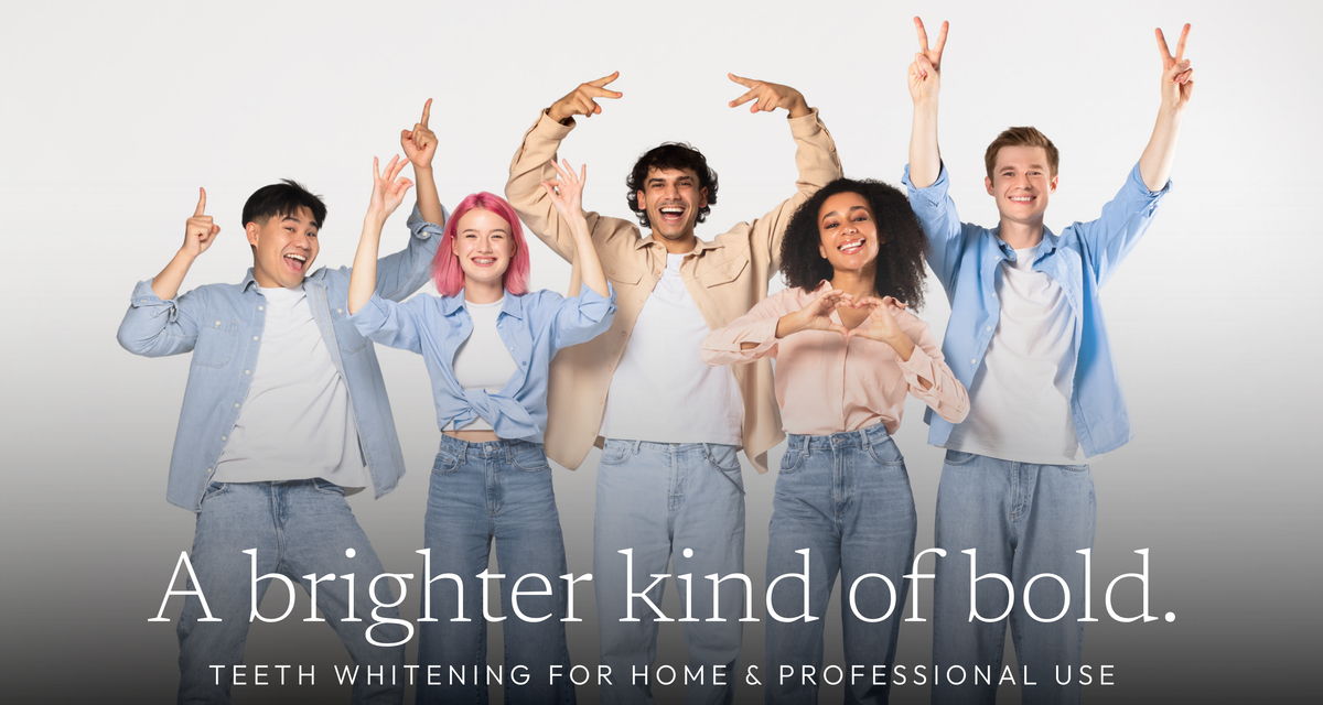 Five smiling young adults posing together against a light background, celebrating with playful hand gestures. Text reads: ‘A brighter kind of bold. Teeth whitening for home & professional use.’