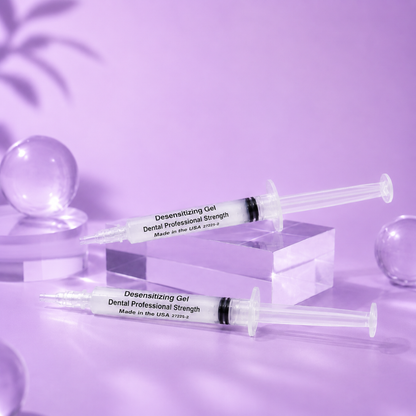 Two syringes of White in Minutes Desensitizing Gel on a purple background.