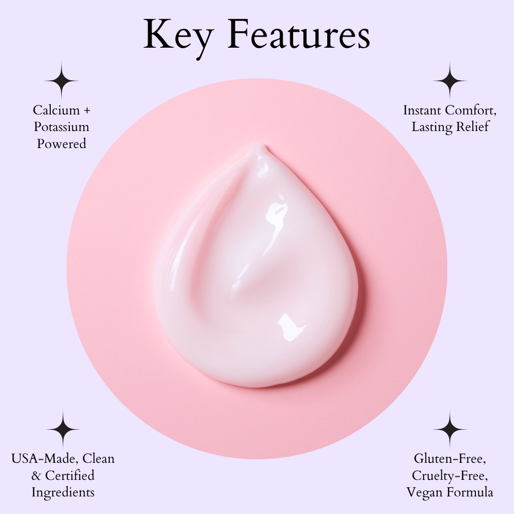 Close-up of a smooth white gel dollop on a soft pink background with text highlighting key features: calcium and potassium powered, instant comfort and lasting relief, USA-made clean ingredients, and vegan, cruelty-free, gluten-free formula.