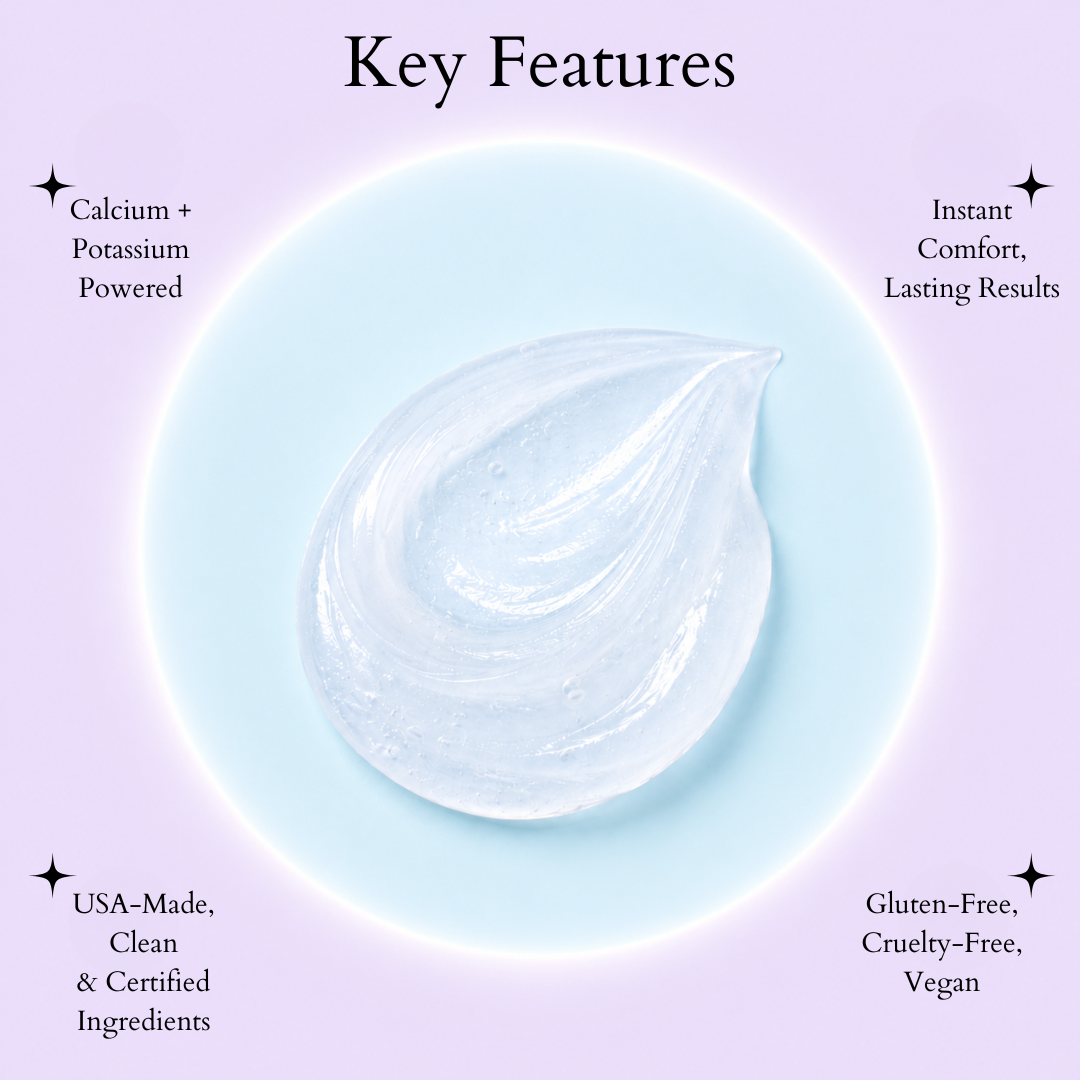 Close-up of a smooth white gel dollop on a soft blue circle with lavender background with text highlighting key features: calcium and potassium powered, instant comfort and lasting relief, USA-made clean ingredients, and vegan, cruelty-free, gluten-free formula.