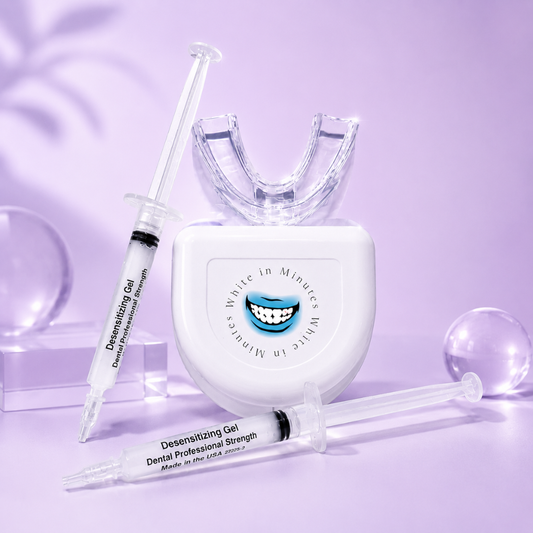 Two syringes of dental desensitizing gel with a white mouth tray case and and a mouth tray on a purple background.