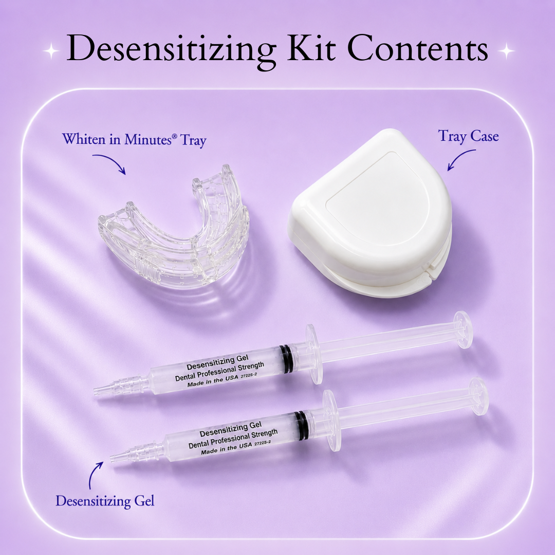 Tooth desensitizing kit contents on a light purple background - including a mouth tray, white mouth tray case and 2 3ml syringes of tooth desensitizing gel.