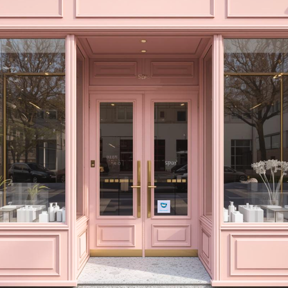 Pink storefront with glass doors and gold handles displaying White In Minutes window decal.