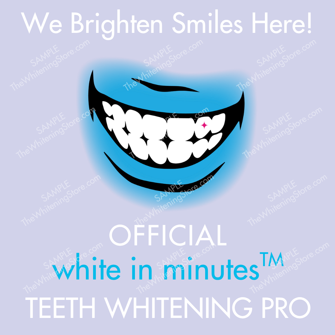Advertisement for teeth whitening service with a cartoon smile and text on a light blue background.