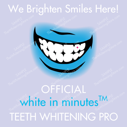 Advertisement for teeth whitening service with a cartoon smile and text on a light blue background.