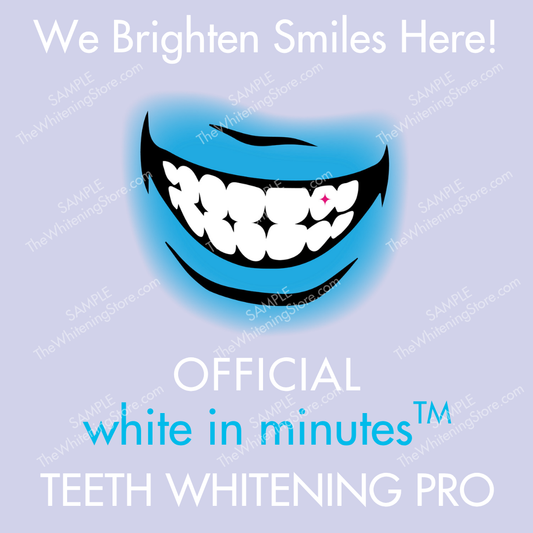 Advertisement for teeth whitening service with a cartoon smile and text on a light blue background.