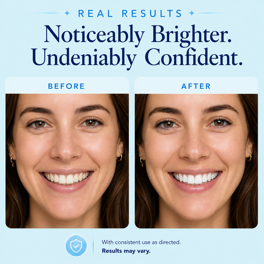 Before and after teeth whitening results on a woman showing visibly brighter, whiter teeth after use, with headline “Noticeably Brighter. Undeniably Confident.” and real results disclaimer.