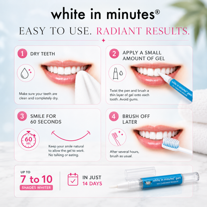 Teeth whitening pen with step-by-step instructions and a visible pen and brush.