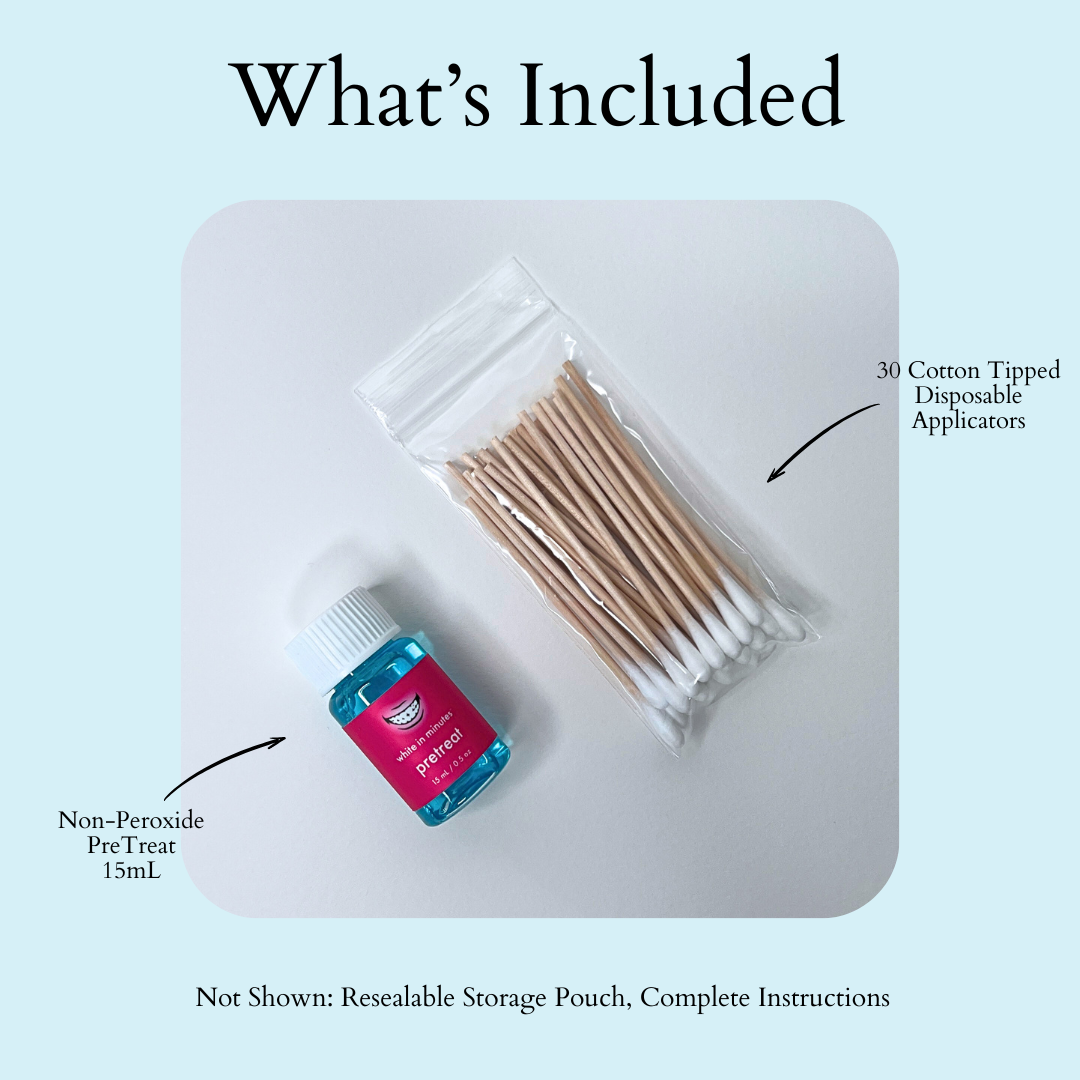 Packaging of non-peroxide pre-treat solution, cotton-tipped applicators, and resalable storage pouch on a light blue background.