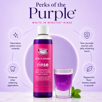 Purple teeth whitening rinse bottle with smile logo next to a glass of purple mouthwash on a marble counter, with infographic text highlighting enamel-safe whitening, stain control, and fresh breath benefits.
