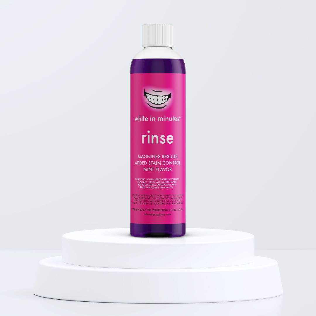 Bottle of 'White in Minutes' whitening mouthwash on a white platform with a light gray background