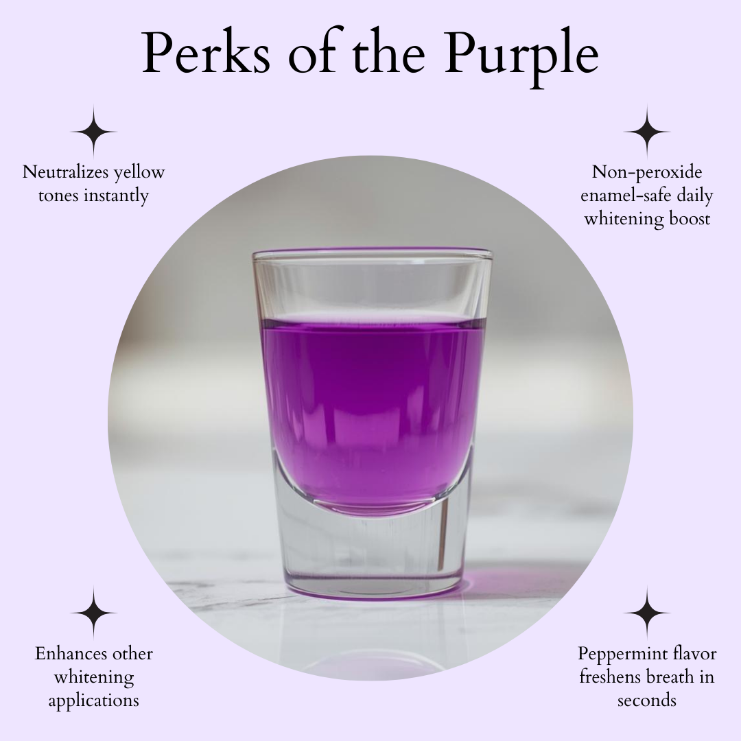 Glass of purple mouthwash with text about its benefits on a light gray background