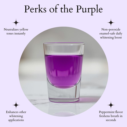 Glass of purple mouthwash with text about its benefits on a light gray background