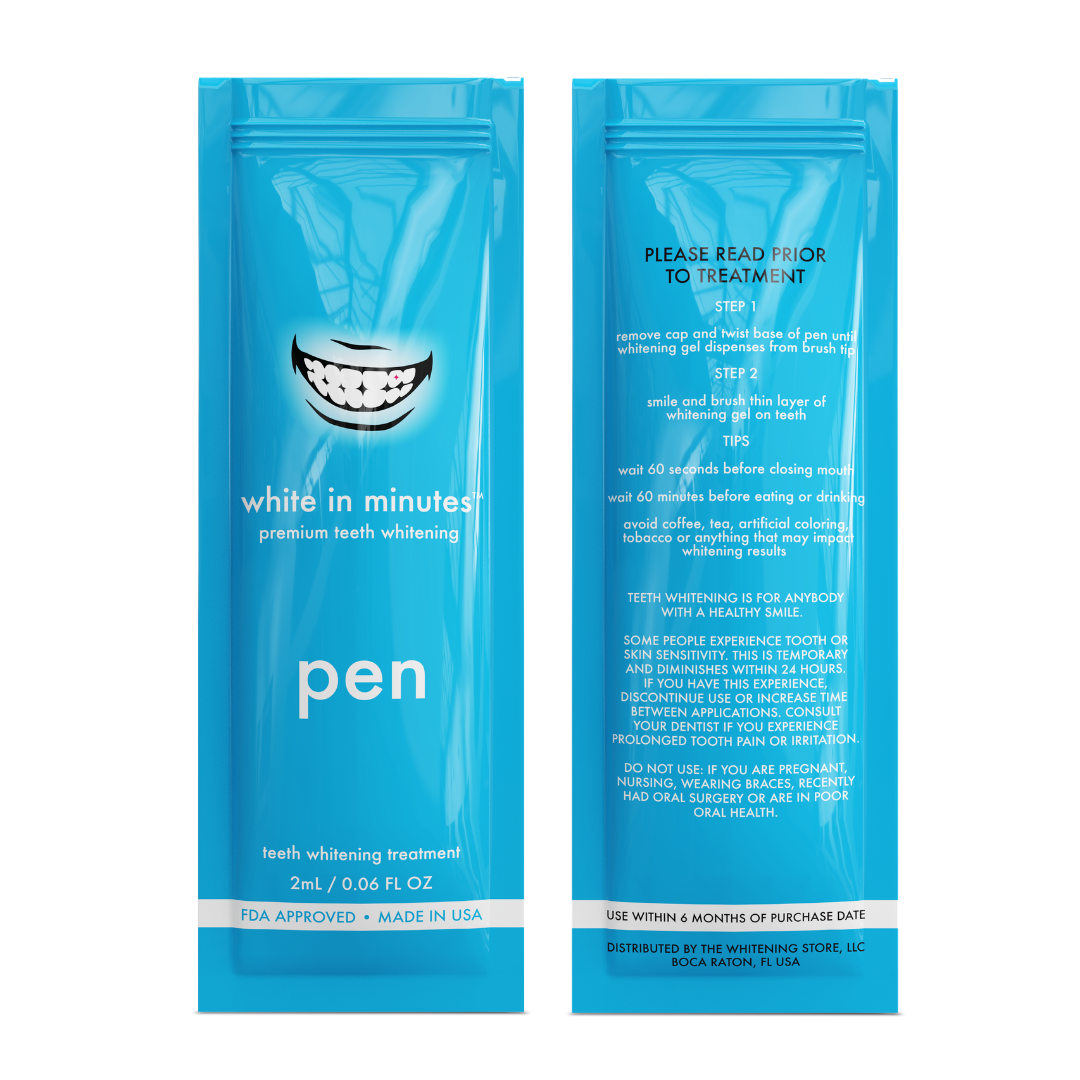 Front and back of a White in Minutes teeth whitening pen pouch in bright blue packaging, showing the 2 mL whitening treatment label, application directions, usage tips, sensitivity warning, and product information.