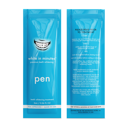 Front and back of a White in Minutes teeth whitening pen pouch in bright blue packaging, showing the 2 mL whitening treatment label, application directions, usage tips, sensitivity warning, and product information.