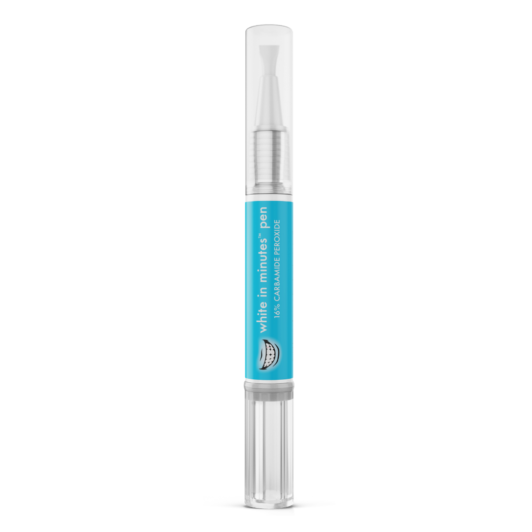 White in Minutes 16% carbamide peroxide teeth whitening pen with a clear brush applicator, blue product label, and twist base, shown upright on a white background.