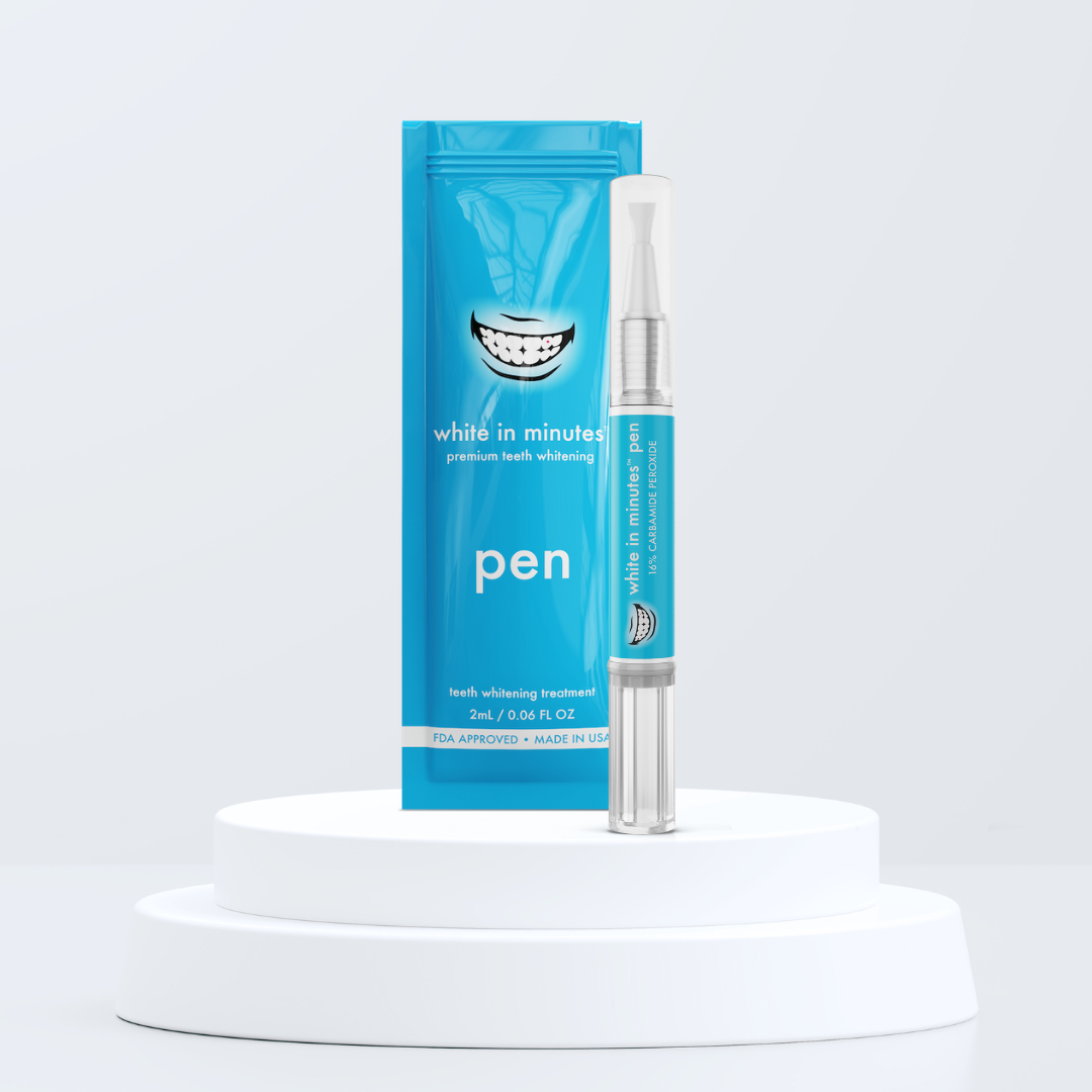 White in Minutes 16% CP professional teeth whitening pen with packaging on white platform.