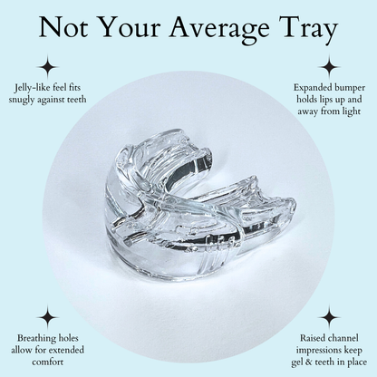 White in Minutes whitening tray with features highlighted on a light blue background