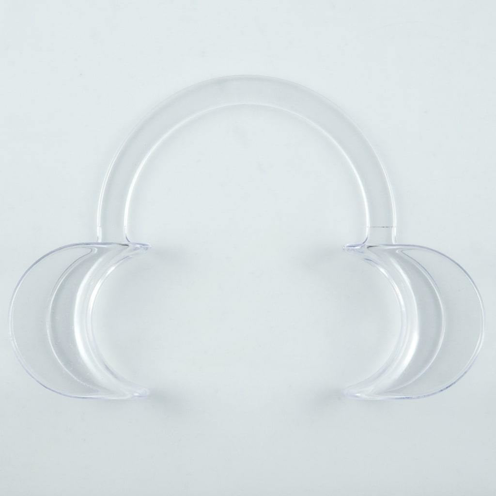 Clear plastic dental cheek retractor shown from the front on a white background, featuring two curved side sections connected by a rounded upper handle.