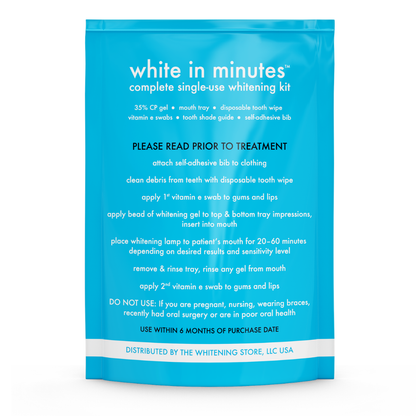 Back of a bright blue White in Minutes Complete Single-Use Whitening Kit pouch showing the kit contents, including 35% carbamide peroxide gel, mouth tray, disposable tooth wipe, vitamin E swabs, tooth shade guide, and self-adhesive bib. The package also displays step-by-step professional teeth whitening treatment instructions, a 20 to 60 minute whitening lamp guideline, safety warnings, and The Whitening Store distributor information.
